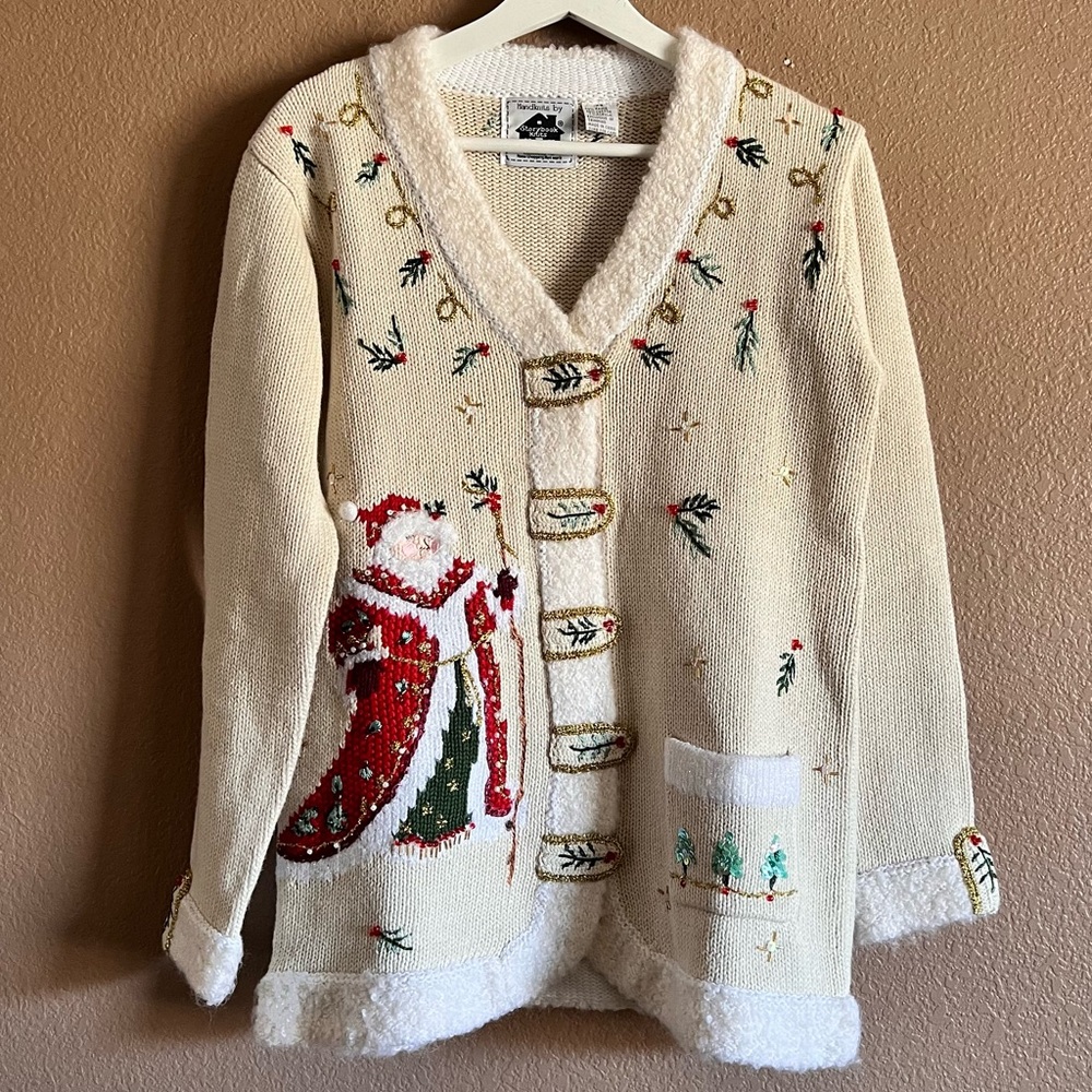 Storybook Knit Vintage Christmas Cardigan Beaded and Embroidered Details Size XS